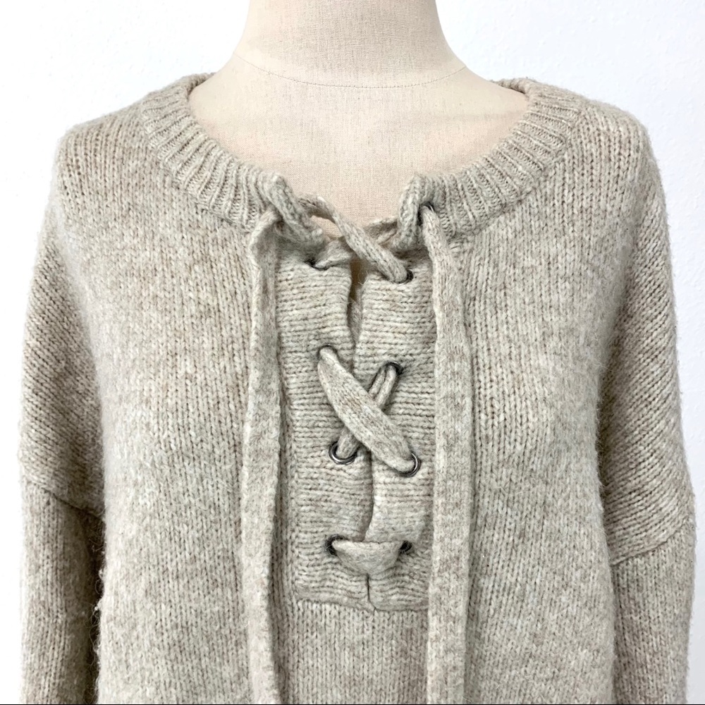 Zara- Oatmeal Lace Up Wool Blend Sweater Med - Picture 2 of 10